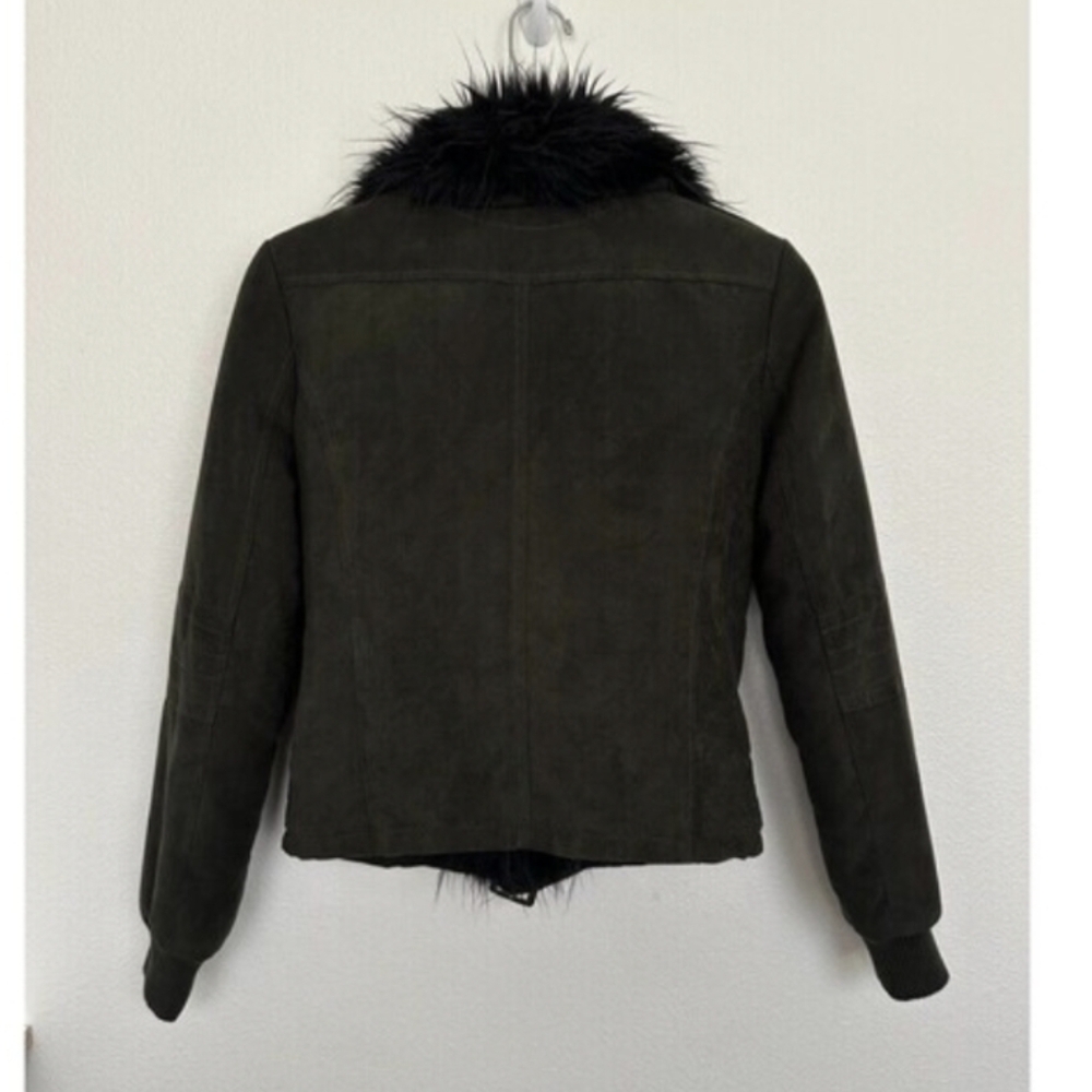 UNIF Berlin Fur Trim Amelia Bomber Jacket Suede Green Zip Orange Lined XS - Picture 7 of 8